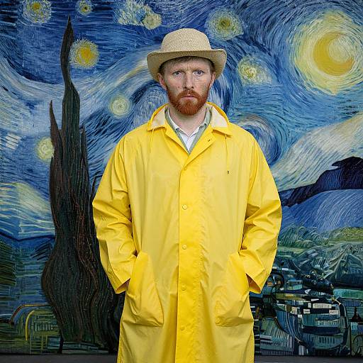 Photograph of a bearded man with red hair, wearing a straw hat and bright yellow raincoat, standing in front of a vibrant, swirling blue