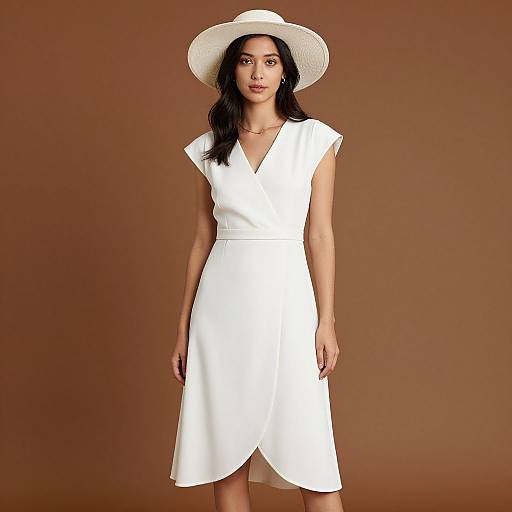 Photograph of an attractive South Asian woman with long black hair, wearing a white V-neck dress and white wide-brimmed hat, standing against a
