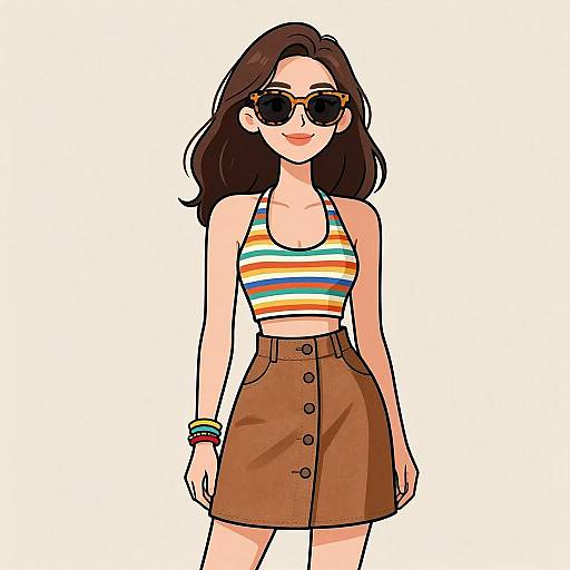 Cartoon-style digital illustration of a smiling woman with brown hair, wearing striped crop top, brown buttoned skirt, sunglasses, and bracelets.