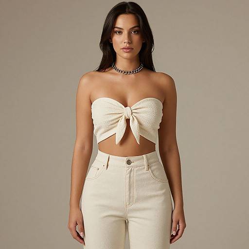 Photograph of a young woman with long black hair, wearing a white strapless top tied at the front and high-waisted white jeans, against