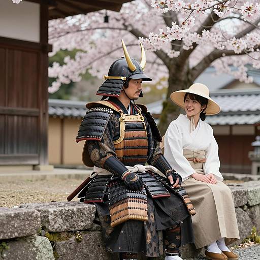 Traditional Japanese Scene with Armor and Blossoms