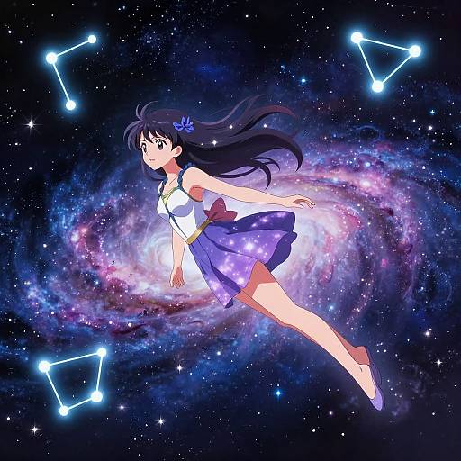 Anime-style drawing of a girl with long black hair, wearing a white and purple dress, floating in space with a galaxy background and constellations.