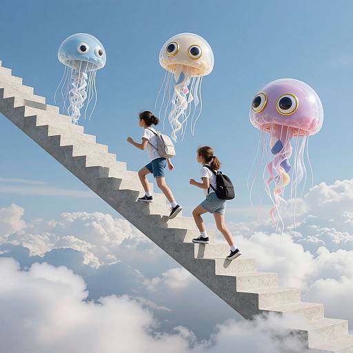 Digital artwork: Two children climb a concrete staircase amidst fluffy clouds, surrounded by three whimsical, jellyfish-like creatures with large eyes.