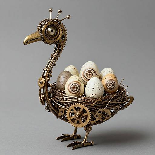 Steampunk-style, intricately crafted, metallic bird holding six white, spiral-patterned eggs in a woven nest, set against a gray background.