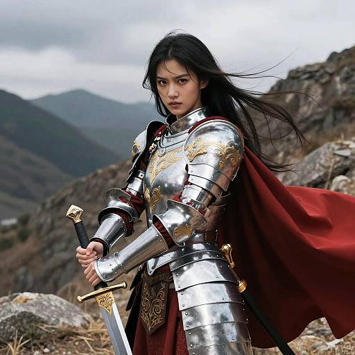 Photorealistic digital artwork of an Asian woman with long black hair, wearing shiny silver armor with gold accents, holding a sword, and a red cape