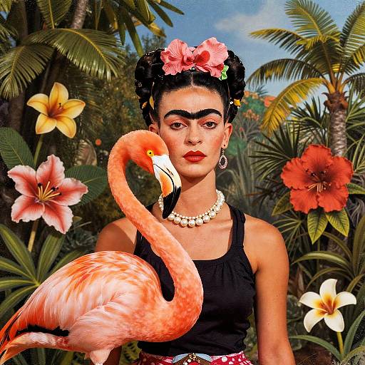 Photorealistic portrait of a dark-haired woman with red flowers in her hair, black tank top, pearl necklace, and hoop earrings, standing in a