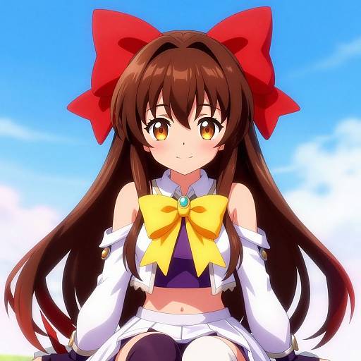 Anime-style digital illustration of a cute girl with long brown hair, red bow, yellow bowtie, white outfit, and blue sky background.