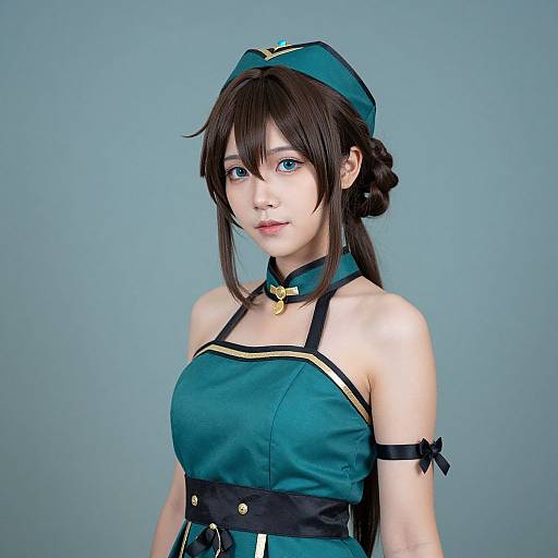 Photograph of an Asian woman in teal military-style cosplay with black trim, gold accents, and a matching cap, against a plain blue background.