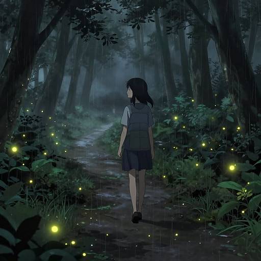 Anime-style digital drawing of a girl with black hair and school uniform walking in a dark, rainy forest, surrounded by glowing fireflies.