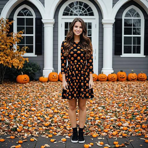 Young woman in Halloween pumpkin dress outdoors
