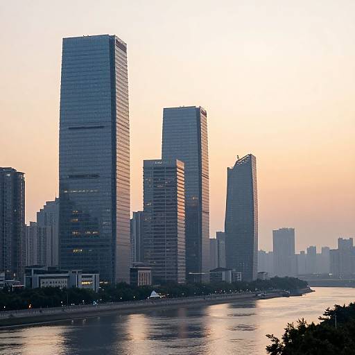 Photograph of a city skyline at sunset, featuring tall, reflective skyscrapers along a river with a pink and orange sky.