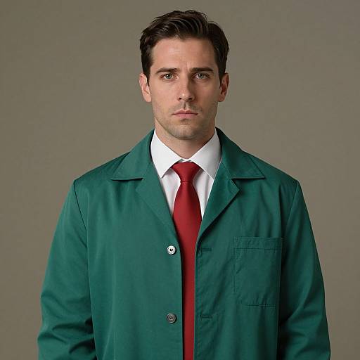 Photograph of a serious-looking man with short dark hair, wearing a green jacket, white shirt, and red tie, against a plain gray background.