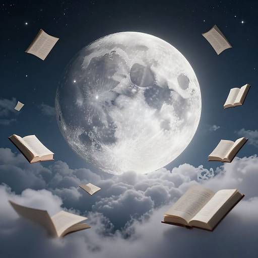Photograph of a luminous full moon surrounded by floating open books in a starry night sky with fluffy clouds below.