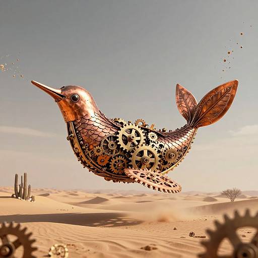 Clockwork Whale Soaring Over Gear Desert