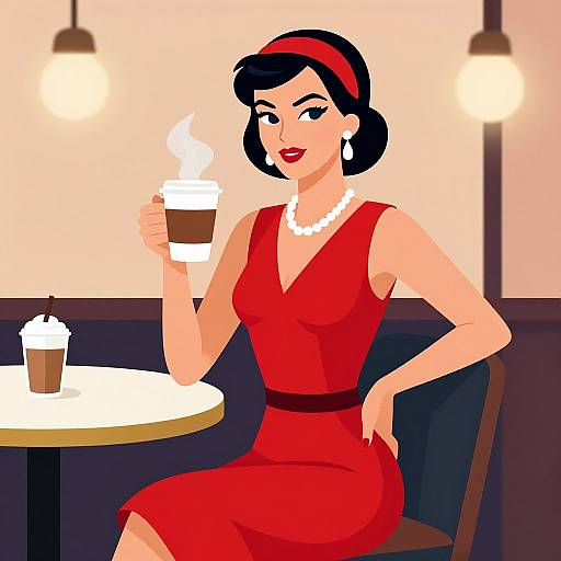 Digital illustration of a stylish woman in a red dress, pearl necklace, and red headband, sipping a steaming coffee at a cafe.