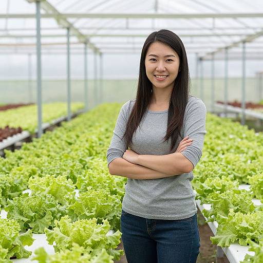 Photograph of an Asian woman with long black hair, smiling, wearing a gray long-sleeve shirt and blue jeans, standing with arms crossed in