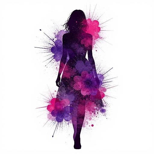 Silhouette of a woman with purple and pink floral splatter background, standing against white, abstract watercolor style.