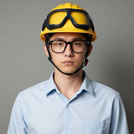 Photograph of a young Asian man with glasses, wearing a yellow hard hat and safety goggles, and a light blue button-up shirt, against a plain