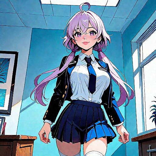Digital anime-style drawing of a purple-haired girl in a black school uniform with a blue skirt, white shirt, and black tie, standing confidently in a