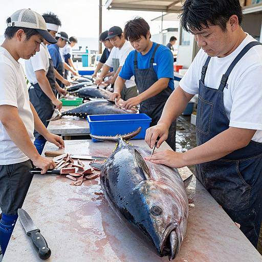 Photograph of Asian fishmongers in white shirts and black aprons, meticulously cleaning and preparing large tuna at an outdoor market. Bright daylight, blue