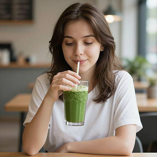 Photograph of a young woman with fair skin and brown hair, wearing a white t-shirt, sipping a green smoothie with a straw in a
