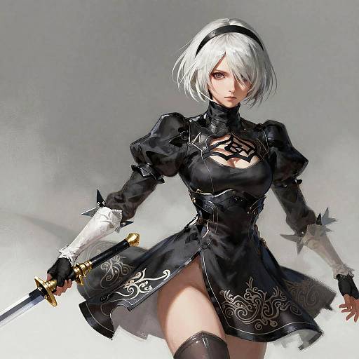 Digital anime-style drawing of a white-haired, black-dressed female warrior with a sword, wearing a headband, thigh-high stockings, and a revealing