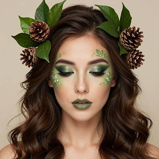 Photograph of a woman with wavy brown hair, green leaf and pine cone headpiece, green eyeshadow, leaf patterns on cheeks, and