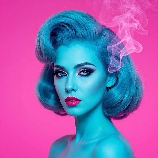 Photograph-style digital art of a blue-skinned woman with retro 1950s hairstyle, red lipstick, and smoke in her hair, against bright