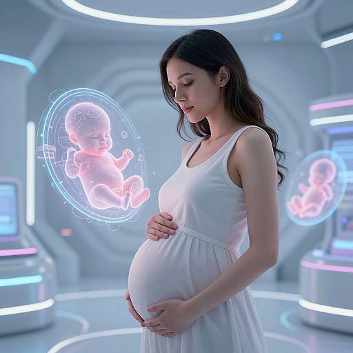 Pregnant woman in white dress, holding belly, gazes at glowing hologram of fetus in futuristic, neon-lit room. Photorealistic