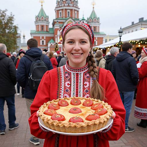 Young girl in traditional red dress with braid, holding strawberry-topped cake, stands in front of a crowded outdoor market with historic Russian architecture in background