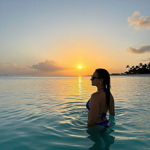Photograph of a woman with wet, dark hair, wearing sunglasses and a blue bikini, standing in calm ocean water at sunset, with a golden sky