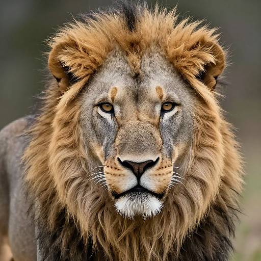 Photograph of a majestic male lion with a full, golden-brown mane, intense yellow eyes, and a focused expression, set against a blurred,