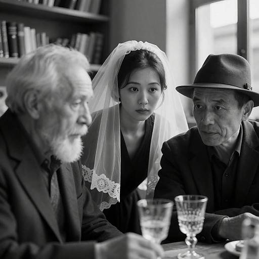 Black and White Portrait of Three People with Intense Expressions