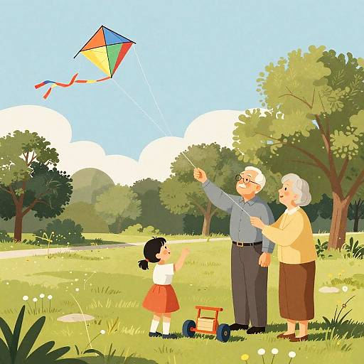Grandparents Flying Kite with Grandchild in Park