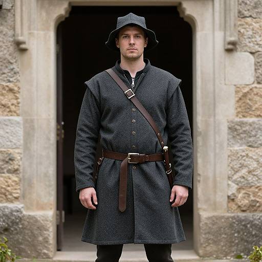 Photograph of a stern-faced man in medieval-style black woolen tunic, brown leather belt, and hat, standing before a stone doorway.