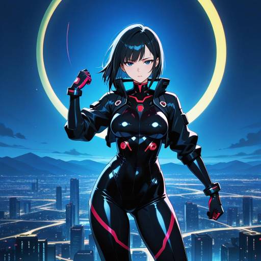 Confident Cyberpunk Woman in Sky City Confident Cyberpunk Woman in Sky City
