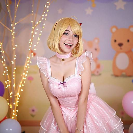 Photograph of a blonde woman in a pink, frilled, sheer dress with cat ears, smiling in a festive, pastel-themed room.