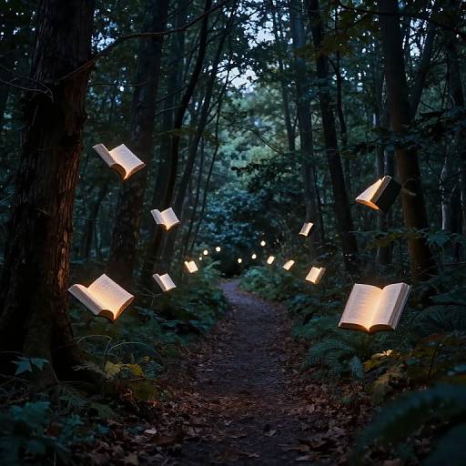 Photograph of a forest path at dusk, illuminated by floating, glowing paper lanterns, creating a magical, ethereal atmosphere.