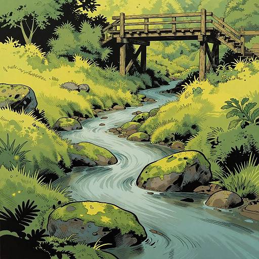 Illustration of a vibrant, sunlit forest creek with a wooden bridge, surrounded by lush green foliage, yellow-leaved bushes, and moss-covered rocks