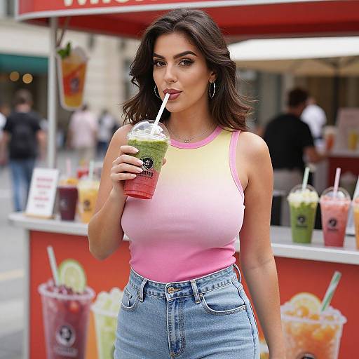 Photograph of a brunette woman with medium-length hair, wearing a pink tank top and blue jeans, sipping a green smoothie at a vibrant outdoor