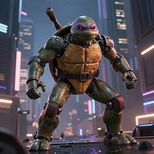 CGI image of a muscular, robotic turtle with a yellow chest, purple mask, and gun strapped to its back, standing in a neon-lit