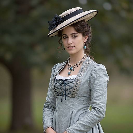 Photograph of a young woman in a Victorian-style light blue dress with black lace bodice, wearing a straw hat with black ribbon and blue flower,