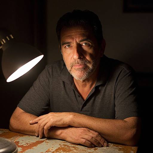 Photograph of a middle-aged man with dark hair and beard, wearing a black polo shirt, illuminated by a desk lamp, resting his arms on a