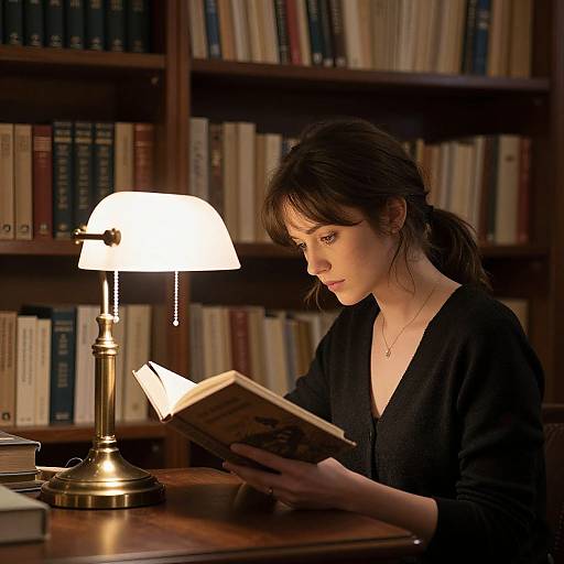 Photograph of a focused woman with dark brown hair in a black top, reading a book under a warm lamp in a dimly lit, wooden book