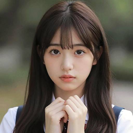 Photograph of a young Asian woman with long brown hair, fair skin, and large, expressive brown eyes, wearing a white shirt, with hands clas
