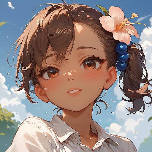 Anime Girl with Side Ponytail and Flower in Hair