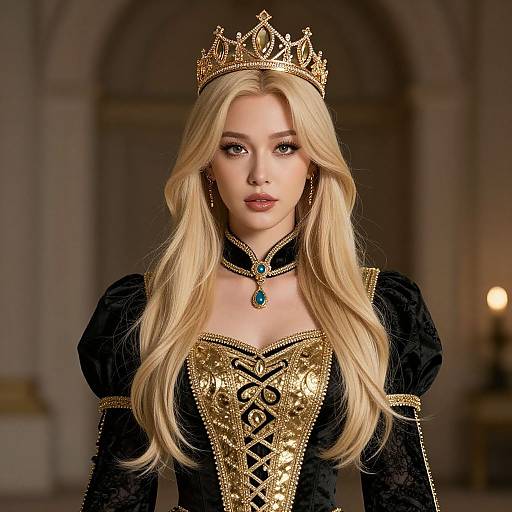 Regal Blonde Woman in Black and Gold