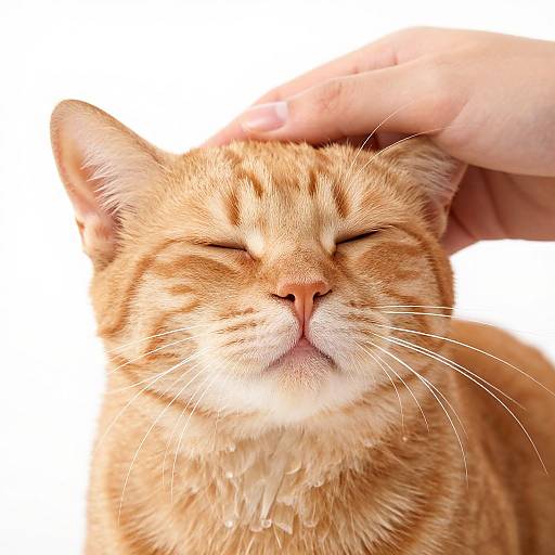 Close-up photograph of an orange tabby cat with closed eyes, being gently petted on the head by a human hand.