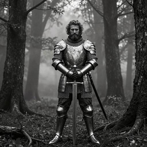 Photograph of a bearded man in medieval armor standing in a misty forest, holding a sword with both hands. Black-and-white, dramatic lighting