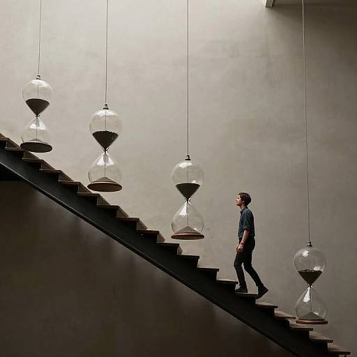 Photograph of a man in a dark shirt and pants walking up a staircase with five hanging glass hourglass pendant lights.